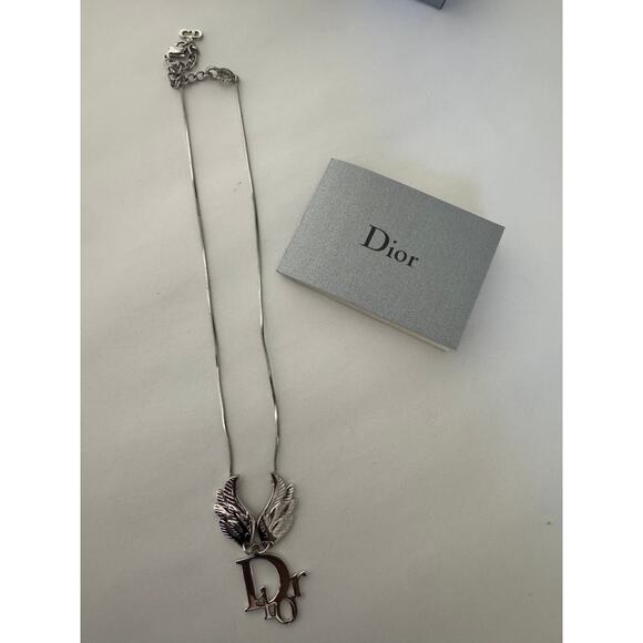 Silver Dior Logo with Wings Pendant Snake Chain Necklace - Picture 1 of 5